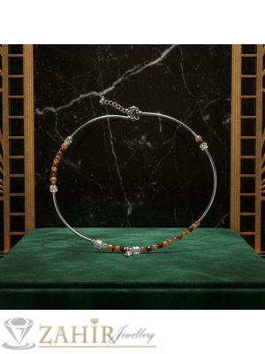 Ултра модерно ръчно изработено колие от стоманени дъгички, естествен гранат и яспис 8 мм, луксозни кубични кристали и стоманени накрайници - KA1161